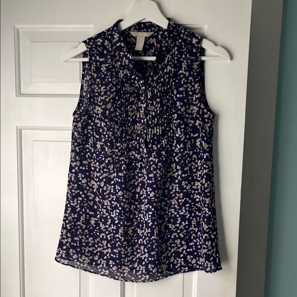 Banana Republic Dotted Sleeveless Ruffle Blousr Top- Navy, White, Cream